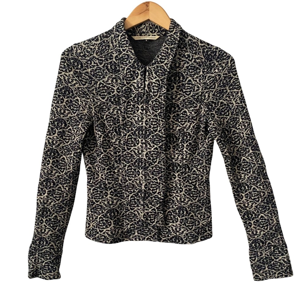 Diane von Furstenberg DVF Black Cream Damask Wool Blend Knit Blazer Jacket Sz 6